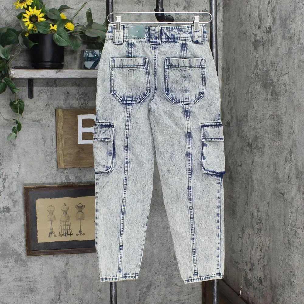 NWT Wild Fable Straight Leg Ankle Length Cargo Jeans W1487GTY 0 Acid Wash Blue - Picture 2 of 5